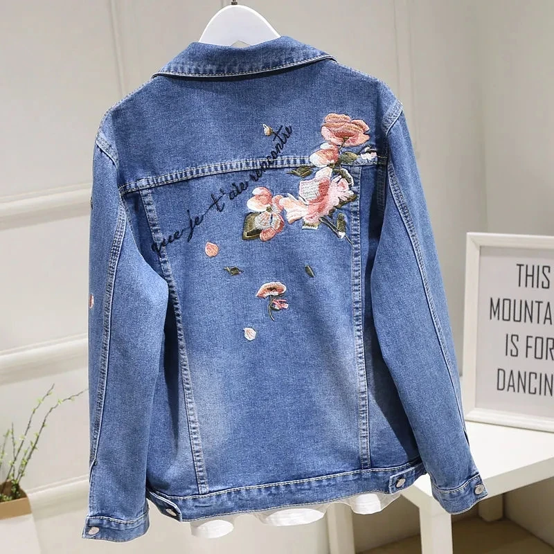 

Denim jacket Womens Embroidered Long-sleeved Retro Jean Jacket Womens 2022 Autumn New Lapel Loose Large Size Ouerwear Top Trend