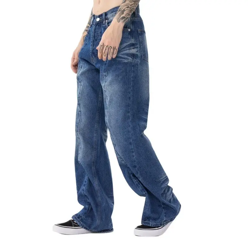 Men's 2022 autumn and winter new fashion brand street personality twisted straight washed denim flared high street trousers