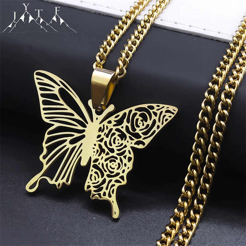 

Butterfly Rose Flower Hollow Pendant Necklace for Women Men Stainless Steel Gold Color Insect Necklaces Jewelry Gifts NXXXXS05