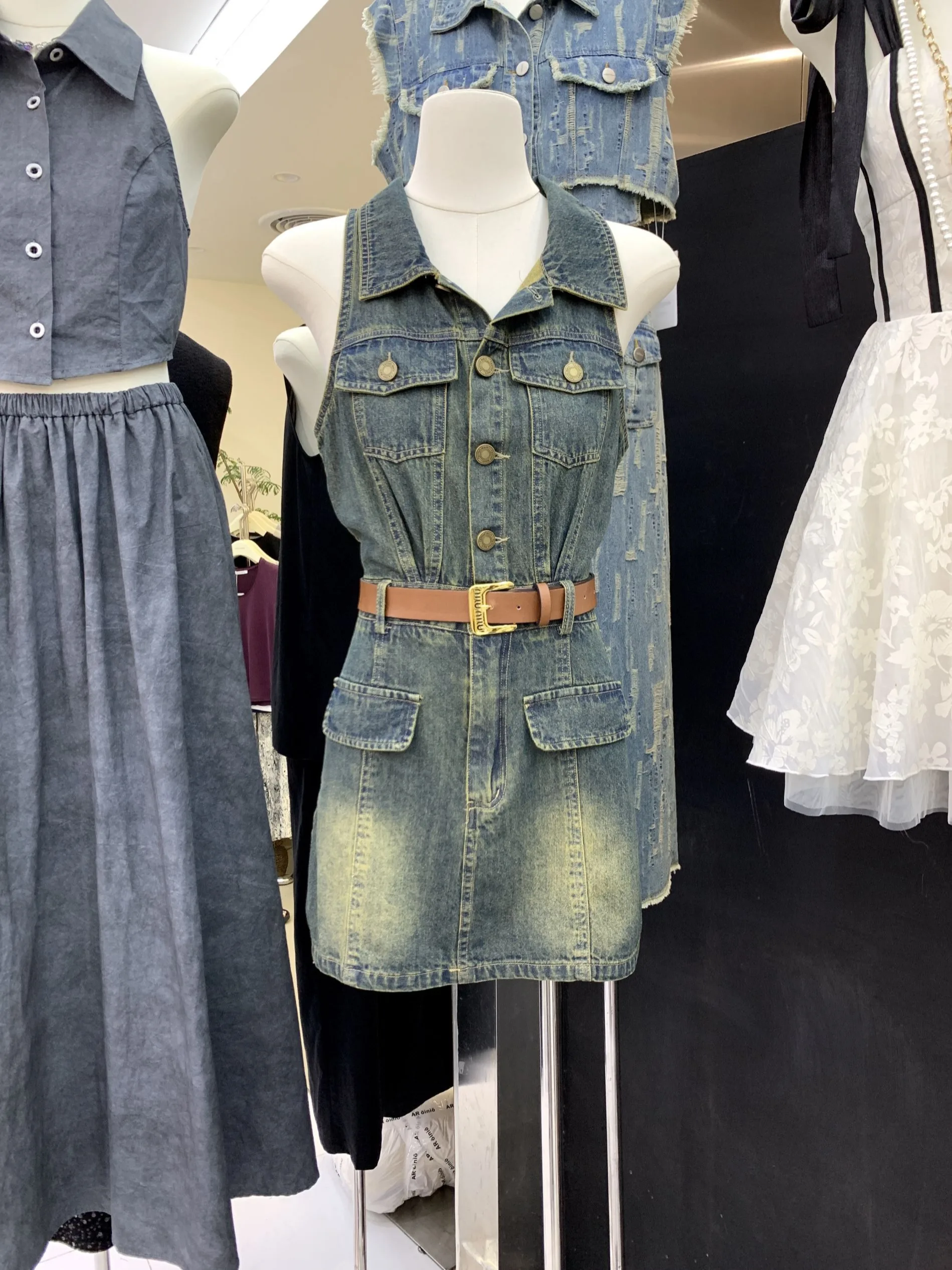 3 Lines 2024 Summer New Retro American Gyaru Slim fit Slimming Denim Sheath Cargo Dress Women Fashion