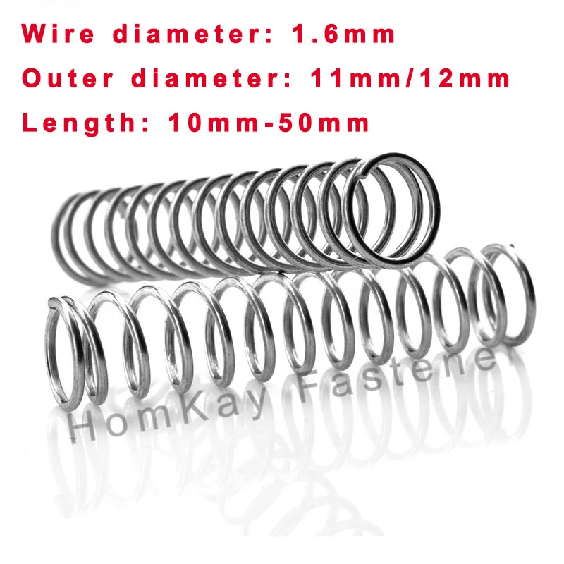 

10 Pcs 304 Stainless Steel Compression Spring WD 1.6mm*OD 11mm/12mm*Length 10mm-50mm Release Pressure Spring