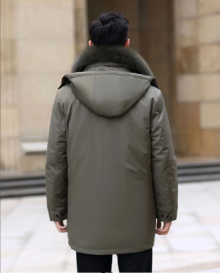 New Arrival 2023 Men Duck Down Overcoat Jacket with Real Fox Fur Collar Hoodie Detachable Lining Navy Black Khaki XXXXXL 4XL 5XL