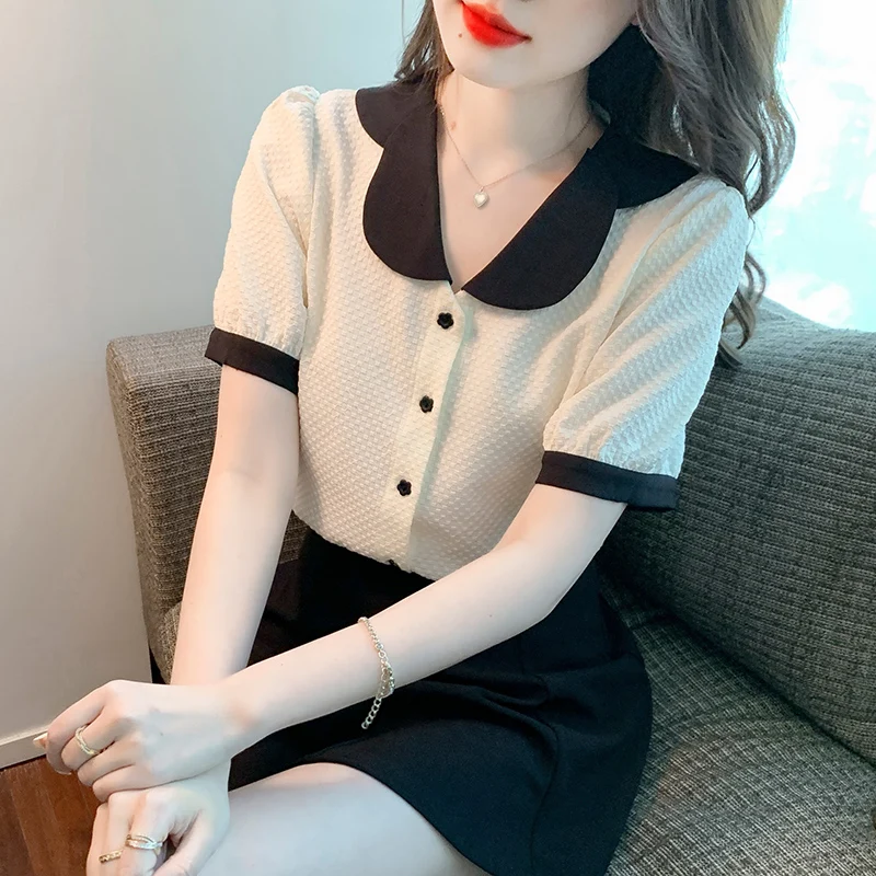

Summer Short Sleeve Blouse Button Up Shirt Women-blouses France Fashion Ladies Tops Dropshipping