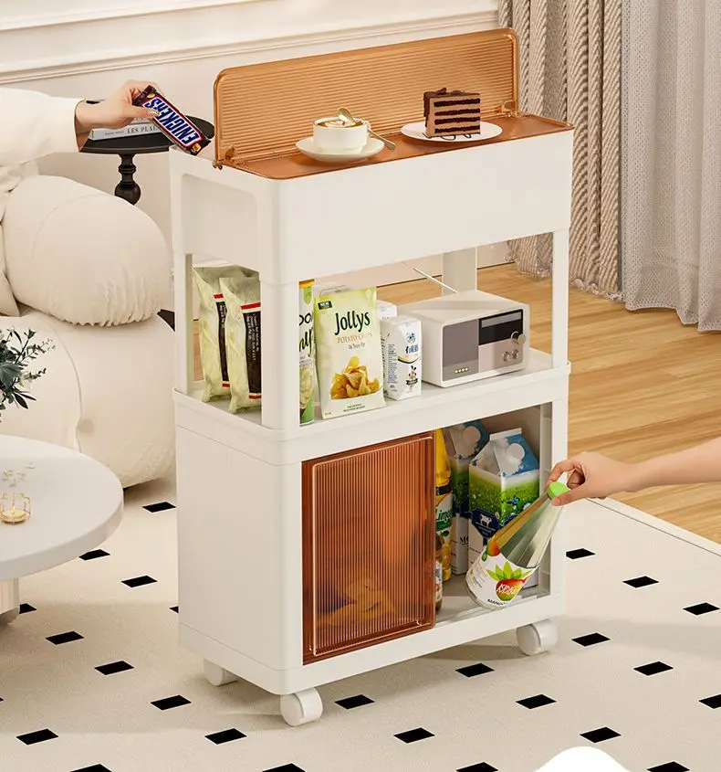 

Snack Trolley Household Living Room Multi-Layer Multi-Purpose Movable with Sliding Door Dustproof Storage Rack Bathroom Shelves