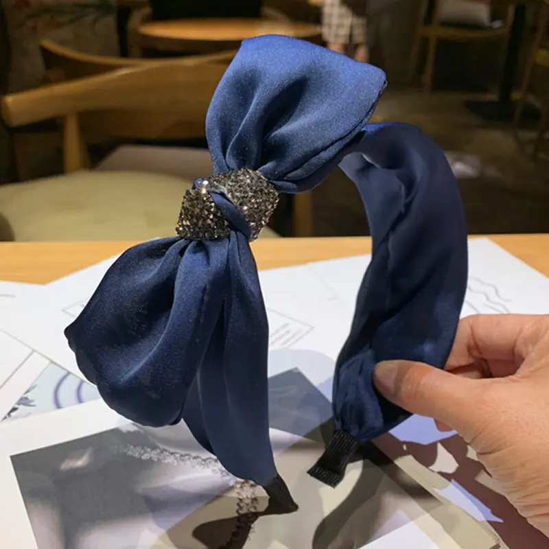 Side Bowknot Headband Crystals Women Solid Bow Knotted Hairband Teen Girls Silk Outdoor Satin Headband Crystals