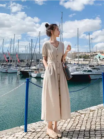2023 Summer New Ladies Dress French Temperament Elegant Long Skirt Over The Knee Temperament Waist V-neck Long Skirt