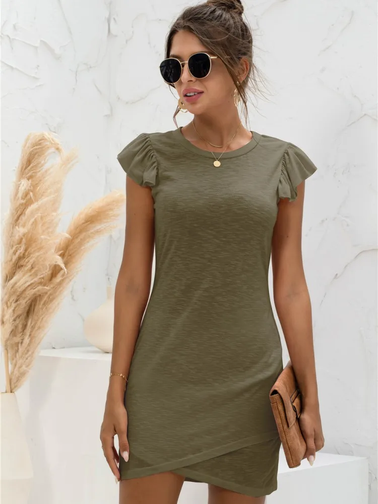 

Short Summer Casual Dress For Women Round Neck Butterfly Sleeve Mini Dresses Black White Pink Army Green Female Casual Wear S-XL