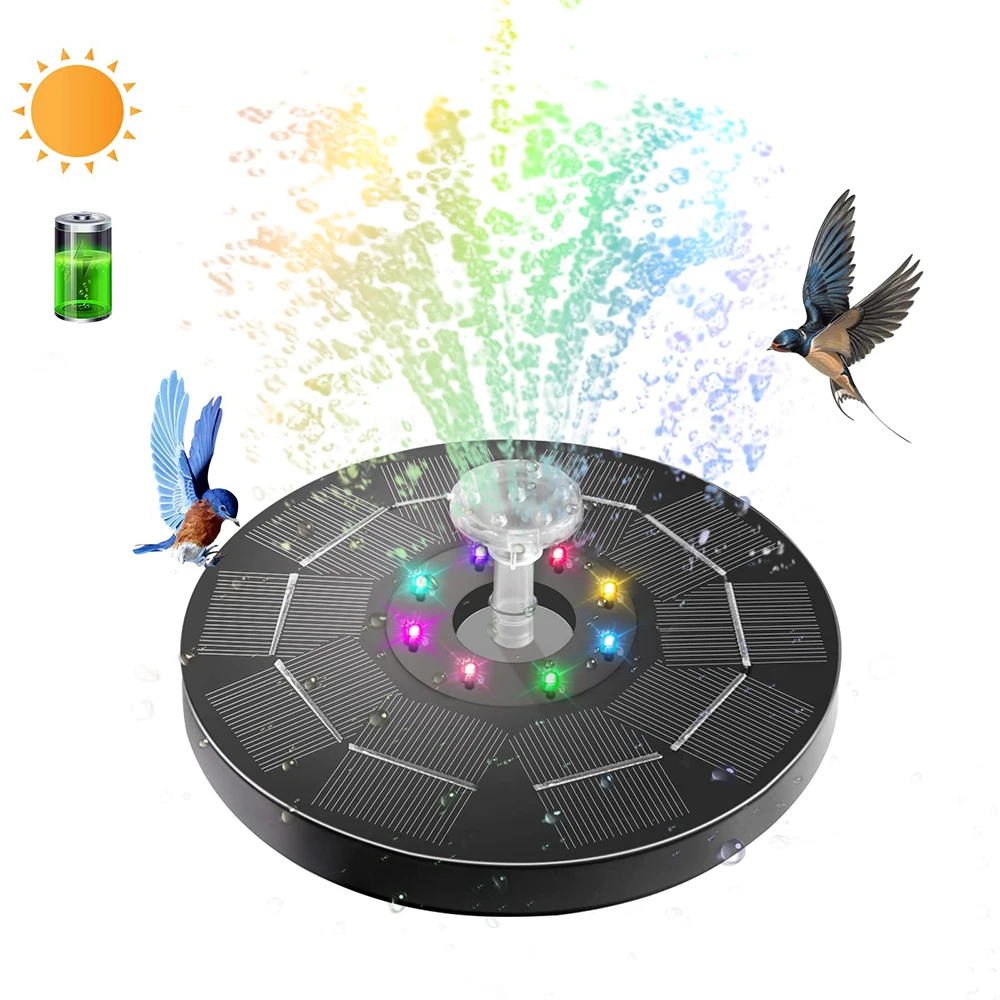 

Solar Fountain Water Pump with Color LED Lights for Bird Bath, 6 Nozzles, 4 Fixers Floating Garden Pond Tank, 3.8W