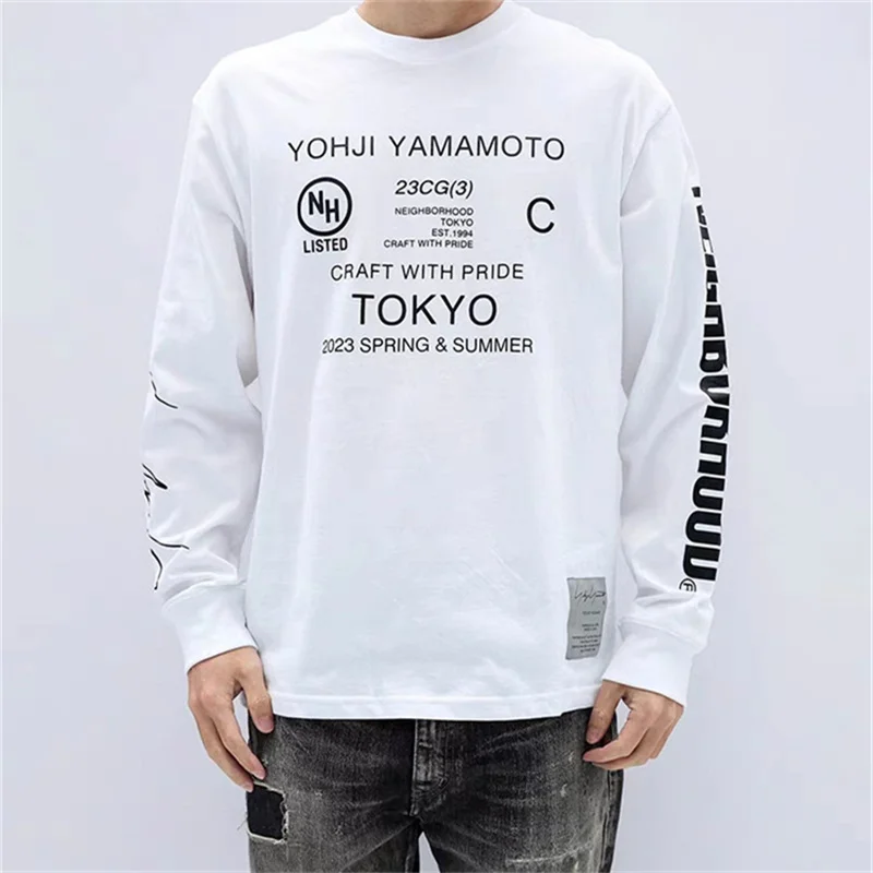 

NEIGHBORHOOD X YOHJI YAMAMOTO Co-branded Men's Long Sleeve T-shirts Japanese Autumn Vintage Letter Printed NBHD Casual Loose Top