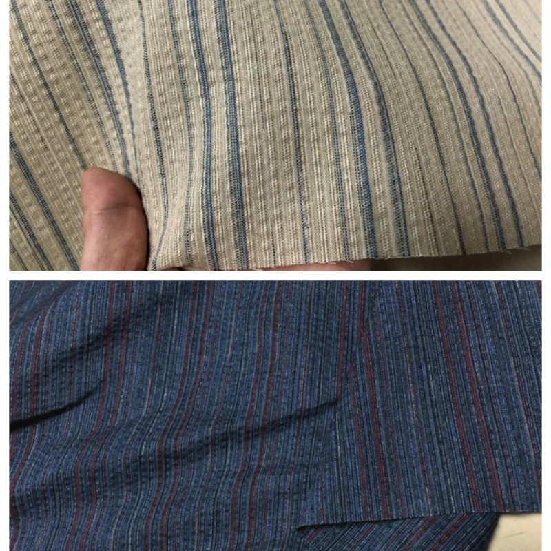 Linen Fabric Spring and Summer Navy Blue Beige Bottom Color Vertical Stripes Woven Flower Jacquard Linen Fashion Cloth