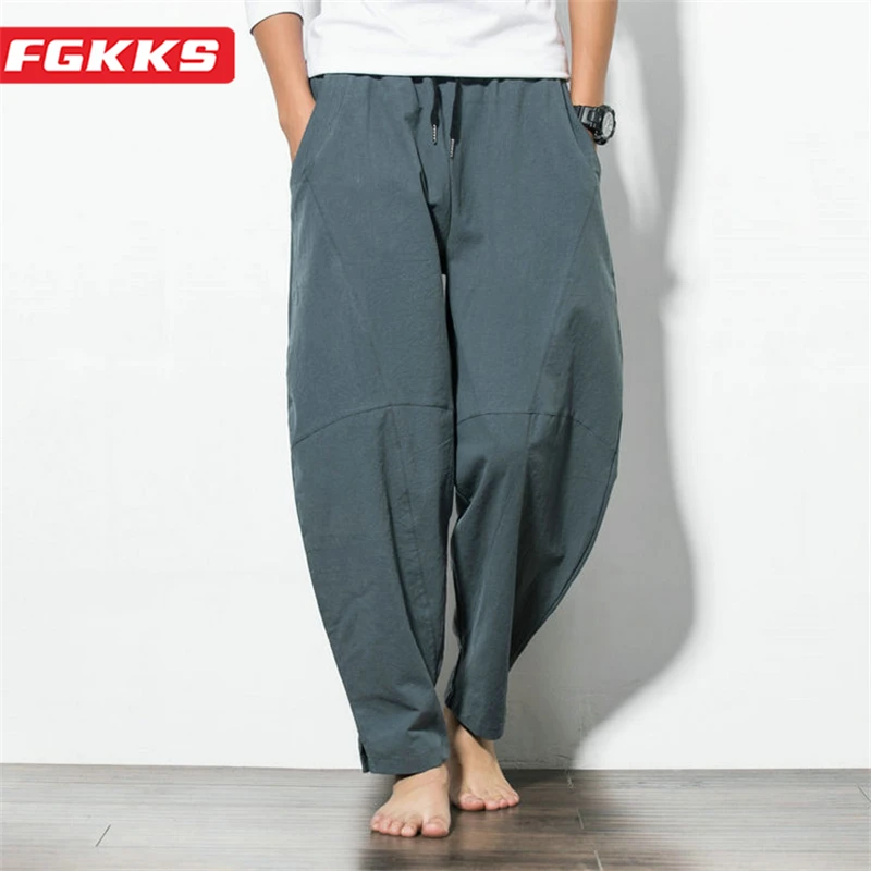 

Мужские повседневные брюки FGKKS 2023, свободные штаны-шаровары с набивкой, высококачественные льняные тонкие повседневные брюки большого размера для мужчин