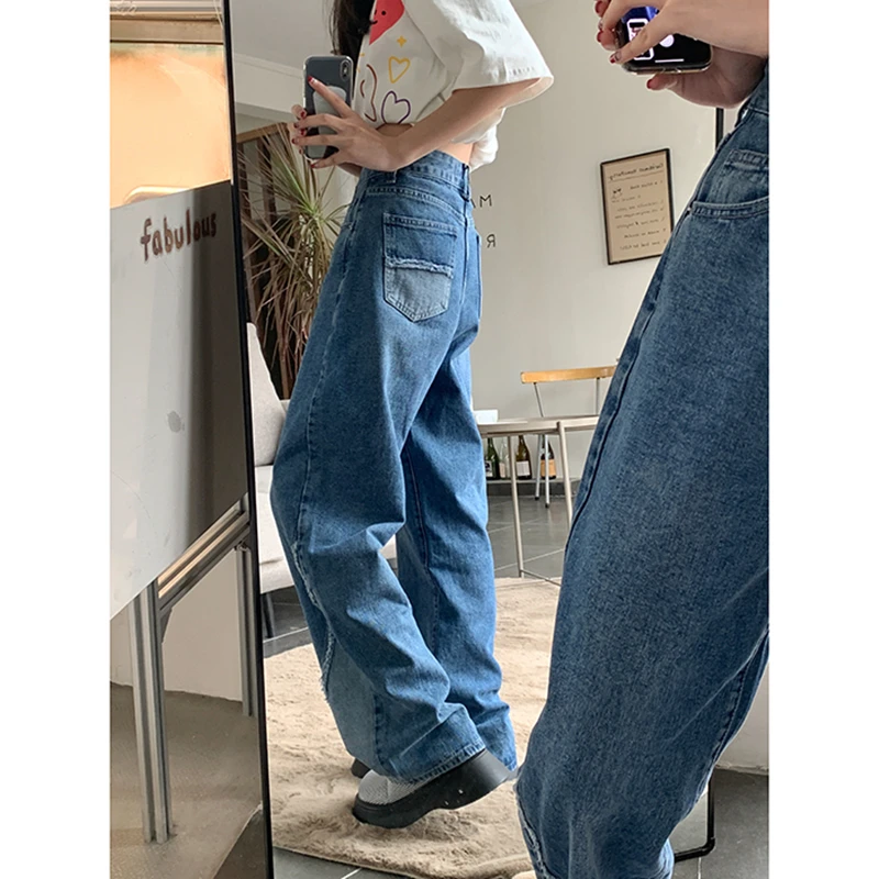 Синие винтажные женские джинсы с высокой талией модная уличная одежда
