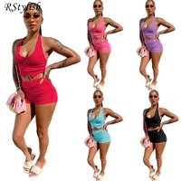 rstylish 2022 bodycon summer streetwear 2 piece sets womens outfits backless halter crop top biker shorts slim casual tracksuit