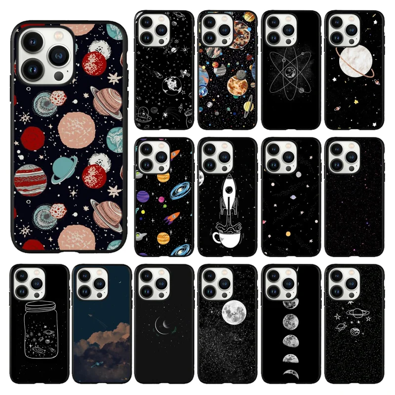 

Cartoon Space Planet Phone Case for iPhone 14 13 12 11 Pro MAX X XS Max XR Mini SE 7 8 Plus Black Funda Coque Case