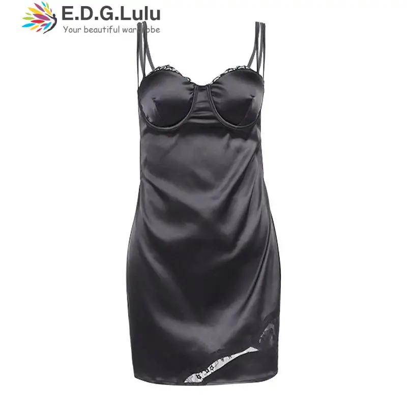 

EDGLuLu Lace Patchwork V-neck Spaghetti Strap Sexy Dress Elegant Club Party Women Clothes Summer Bodycon Black Dresses 0422