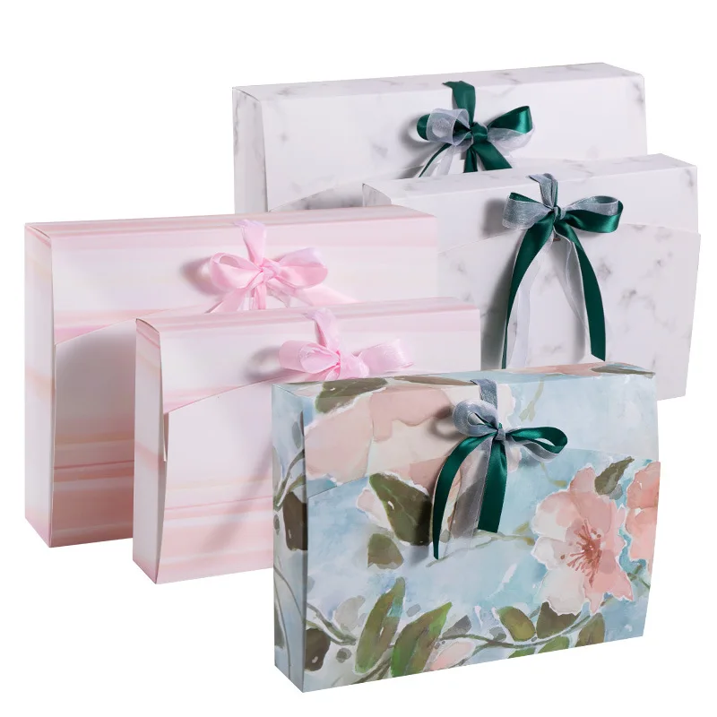 

5pcs Gift Paper Box With Ribbon Wedding Birthday Party Cookies Snack Packaging Clothing Storage Favors Chocolate Candy