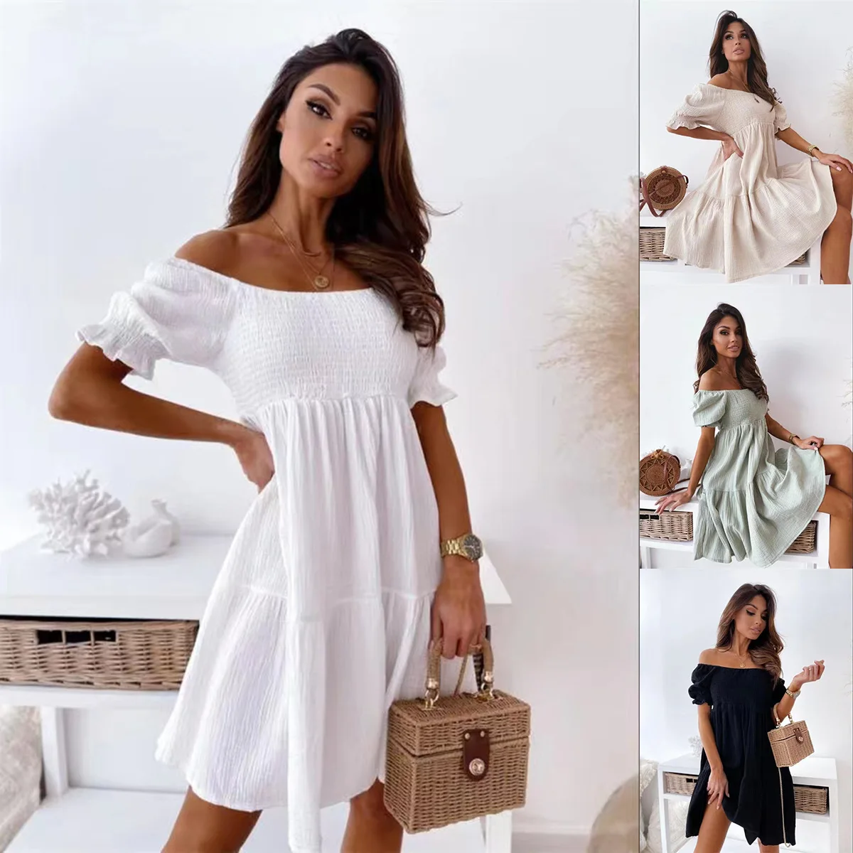 

Women Sexy Mini Dress Lady Summer Fashion Casual Loose White Black Beach Mini Dresses White Puff Sleeve Dresses Boho Femme