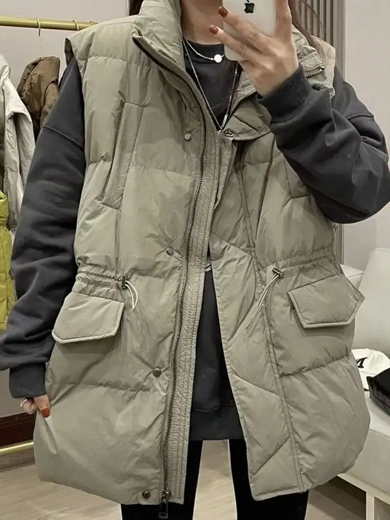 Женская Длинная зимняя куртка однотонный пуховик теплое пальто без рукавов