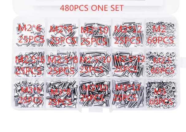 

480Pcs/box M2 M2.5 M3 DIN912 304 Stainless Steel Hexagon Socket Head Cap Screws Socket Bicycle Hex Bolts Kit