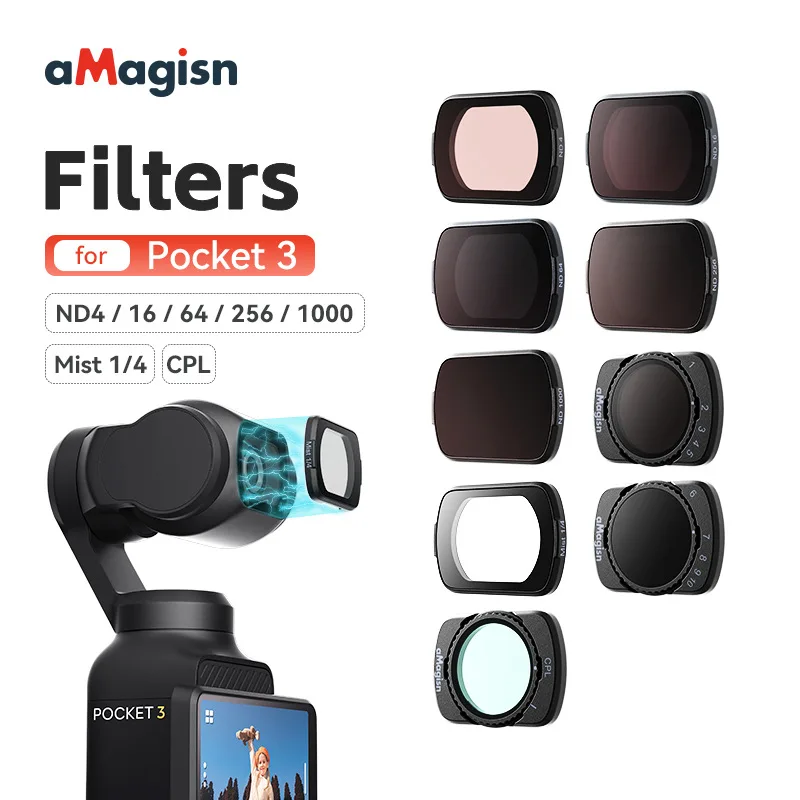 Фото Линза с магнитным фильтром aMagisn для Pocket 3, черный туманный фильтр ND 4, 16, 64, 256 1000, регулируемый CPL ND 2-32, 64-1000 для DJI Pocket3 №1