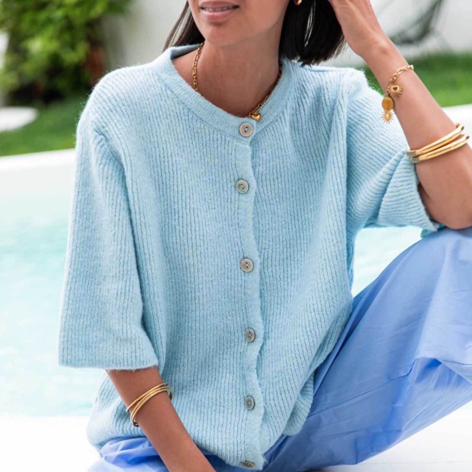 Women Knitted Crop Cardigan Shirt Short Sleeve Button Down Ribbed Knit Top Y2k Girls Outwear Tee for Winter Fall