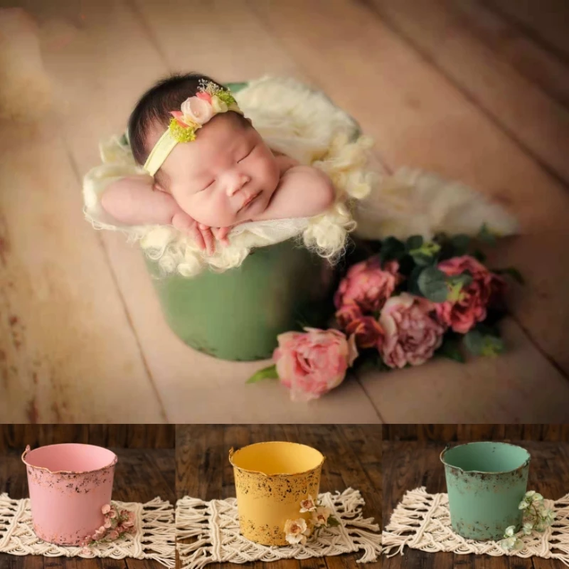 Dvotinst Newborn Baby Photography Props Vintage Iron Round Bucket Vintage Posing Fotografia Accessories Studio Shoot Photo Props enlarge