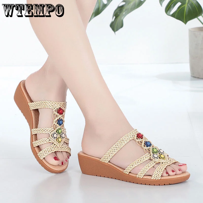 WTEMPO Bohemia Style Weave Wedge Slippers Women 2023 Summer Soft Sole Sandals Comfortable Non Slip Beach Slides Wholesale