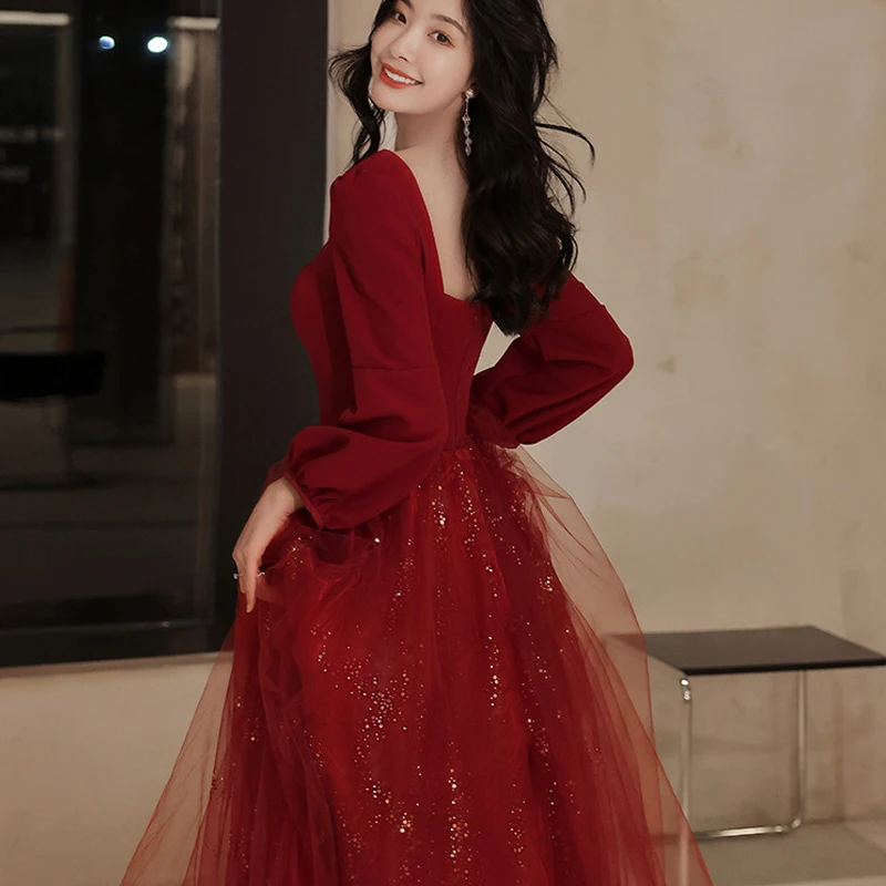 Lace Sexy Party Dress Engagement Bride Toast Clothing Square Collar Long Sleeve Fairy Gauze Skirt Classic Red Prom Dresses