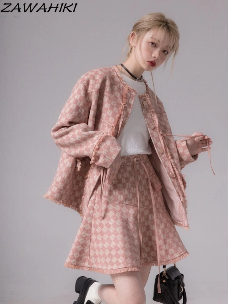 

Spring Autumn Chic Designed Tassel Plaid Button-up Long Sleeve Women Overcoats + High Waist Lace-up Japanese Short Skirt Mujer