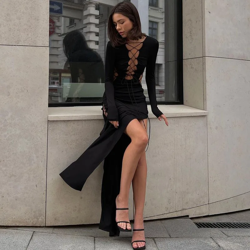 

Women Fashion Long Dress Solid Color Round Neck Long Sleeve Dress Cross Tie-Up Cutout High Split Party Dress Streetwear Y2k