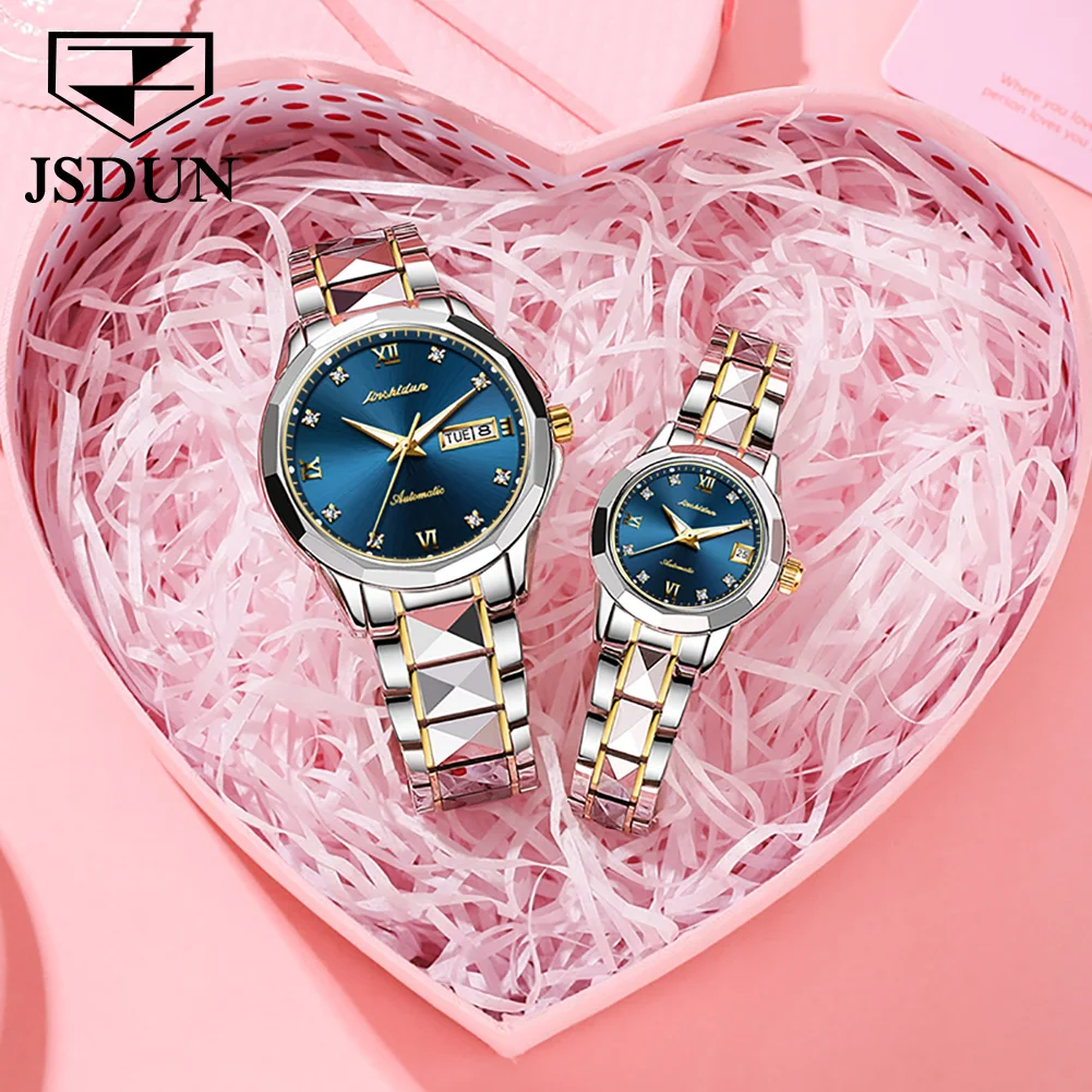 JSDUN Automatic Mechanical Watch For Men And Women Sapphire Diamond Mirror Couple Watches Stainless Steel Strap Waterproof Clock