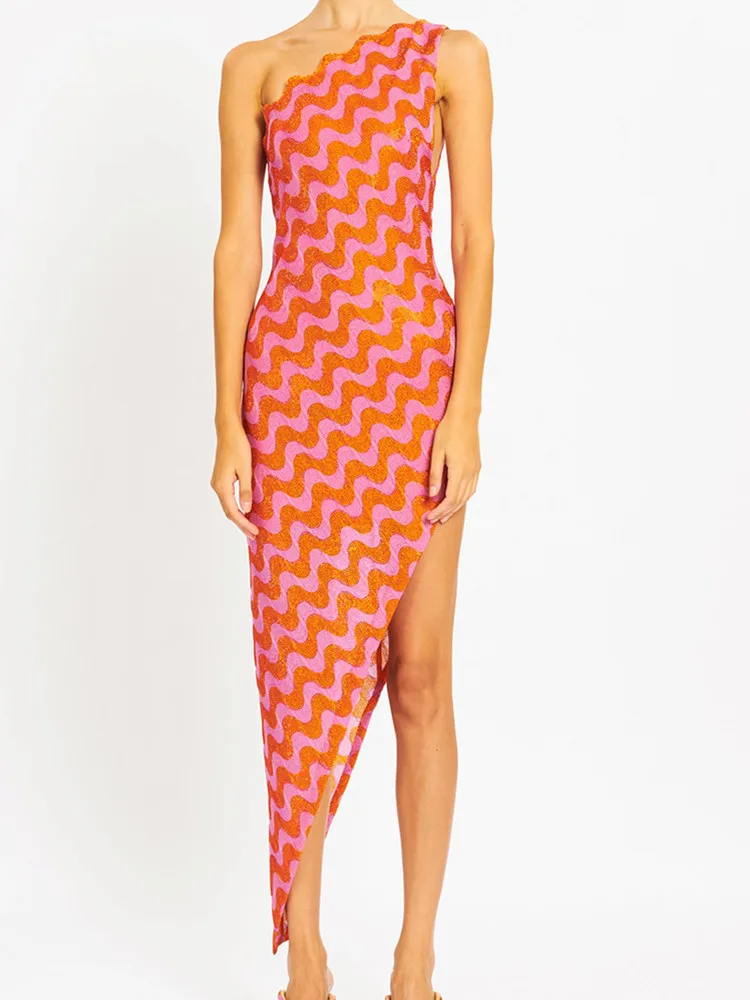 

Women Summer Style Sexy One Shoulder Jacquard Orange Midi Bodycon Bandage Dress 2022 Designer Chic Elegant Evening Party Dress