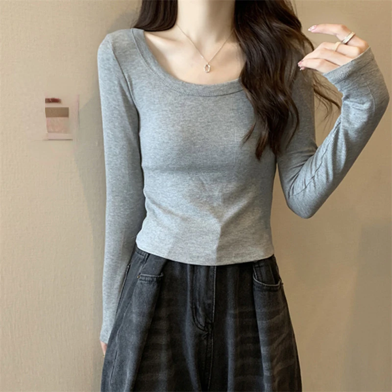 

Осенняя женская футболка с круглым вырезом, Повседневная облегающая универсальная белая черная серая футболка в стиле Харадзюку, одежда Y2K для молодых девушек