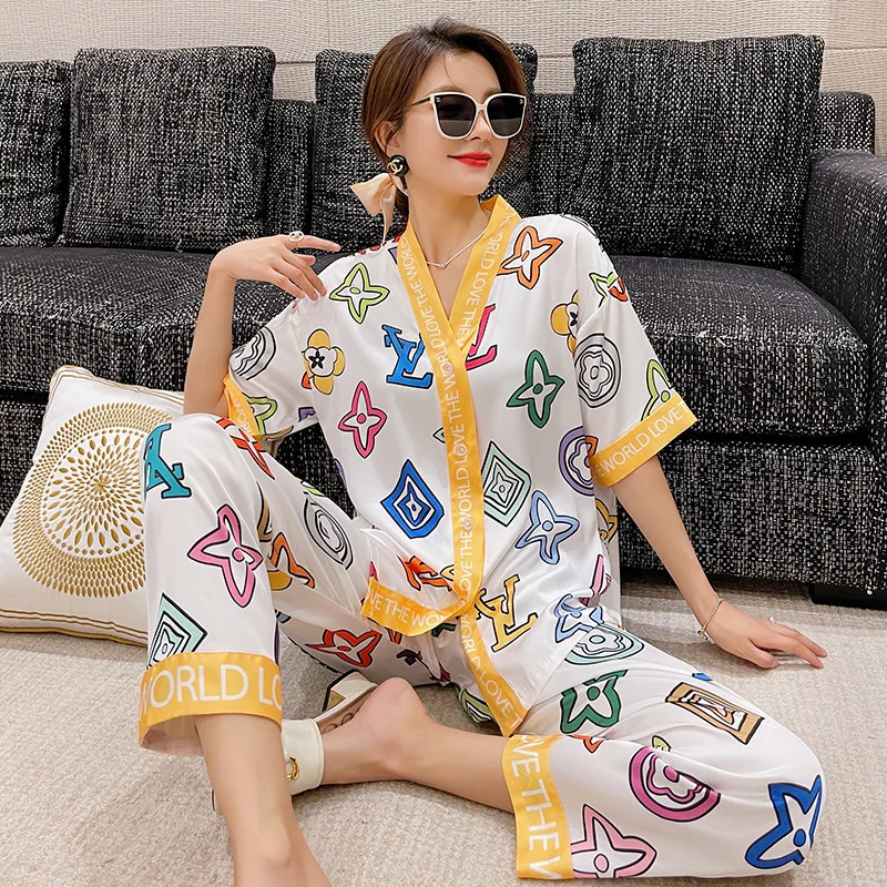 

Summer New Style Pajamas Women's Fashion Printed Thin Cardigan Homewear Ice Silk Fashion Short Sleeve Three-Piece Suit