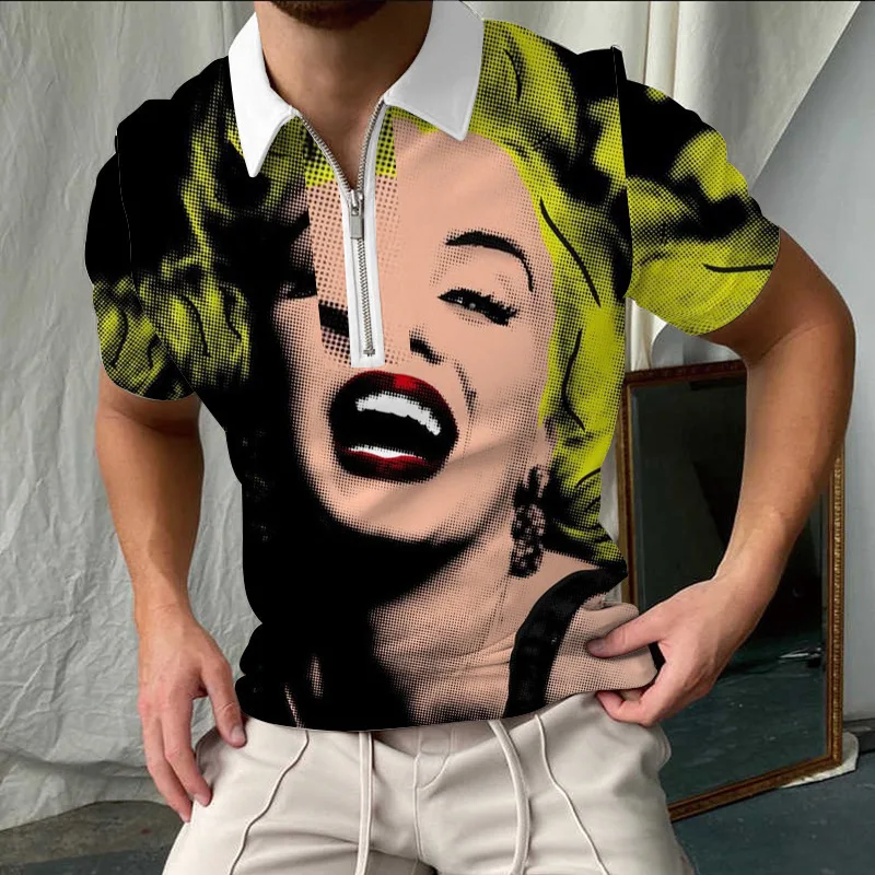 

Рубашка-поло мужская с коротким рукавом, люксовая Повседневная футболка с принтом фигуры, на молнии, с отложным воротником, на лето