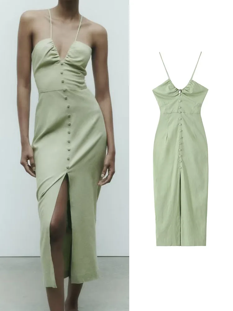 

TRAF 2023 Summer Women Solid Camisole Dress Elegant Fashion Female Deep V-Neck Sleeveless Dress Backless Bandage Slim Dress