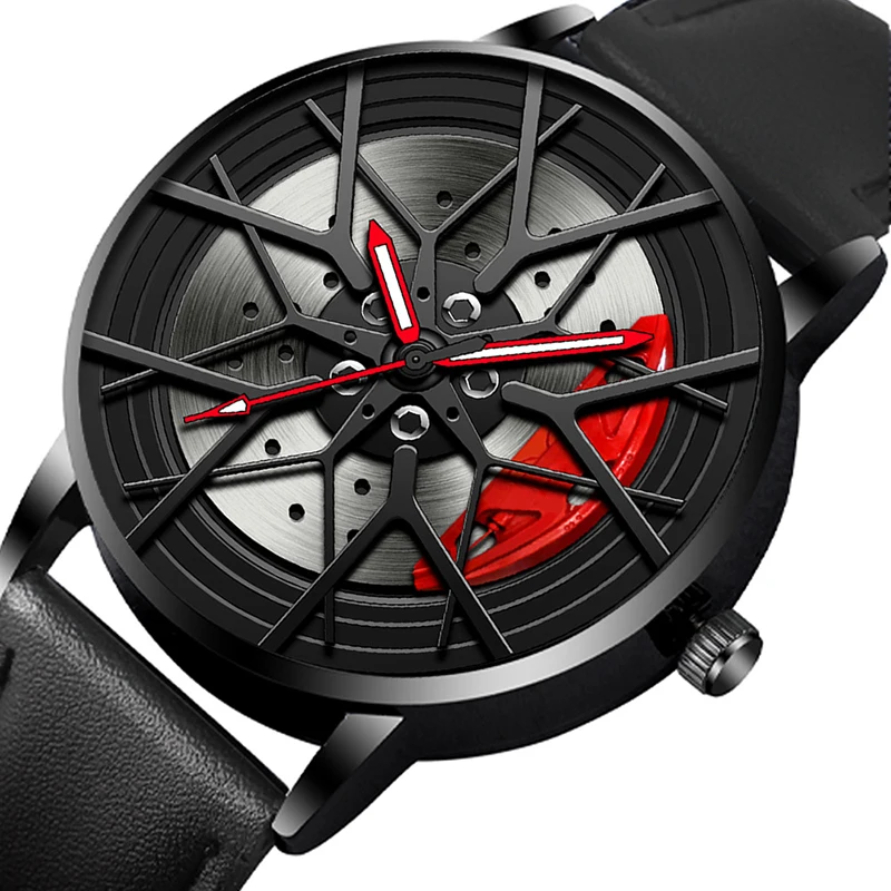 Quartz Watches For Men Waterproof Vacuum Plating Leather Strap With Car Wheel Rim Hub Design Sport Automatic Luminous Wristwatch