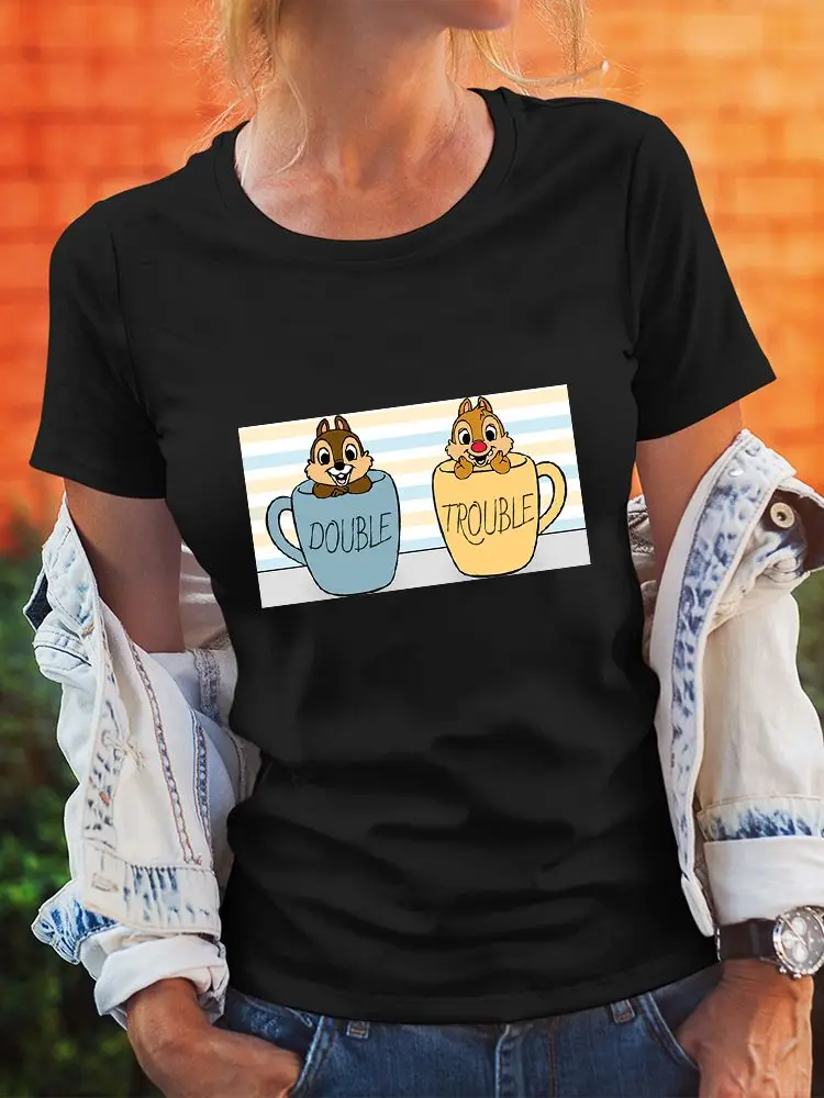 

Four Seasons Disney Women Chip 'N' Dale Graphic Black Short Sleeve O Neck Casual All-match Trendy Female T Shirt Kawaii Clothes