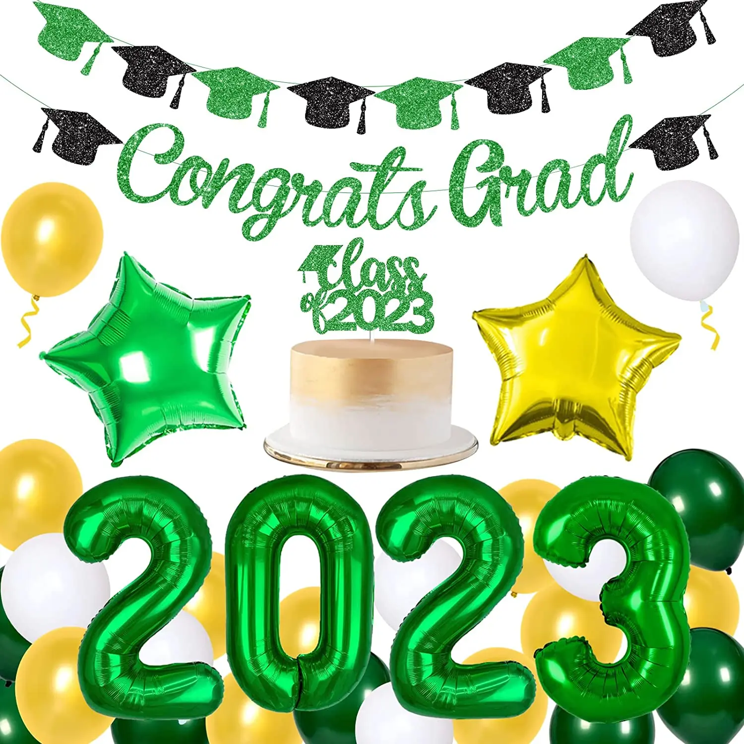 

KREATWOW Green and Gold Graduation Party Decorations 2023 Foil Balloons Congrats Grad Banner Garland Class of 2023 Cake Topper