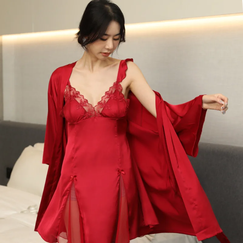 

Women Kimono Wedding Bathrobe Gown Suit Sexy Bride Sleepwear With Strap Nightgown Rayon Nightwear Lace Chemise Nightdress