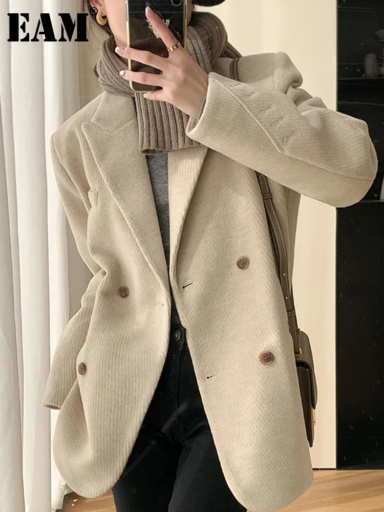 

[EAM] Loose Fit Beige Big Size Warm Double Breasted Woolen Coat Parkas New Long Sleeve Women Fashion Autumn Winter 2023 1DF3590