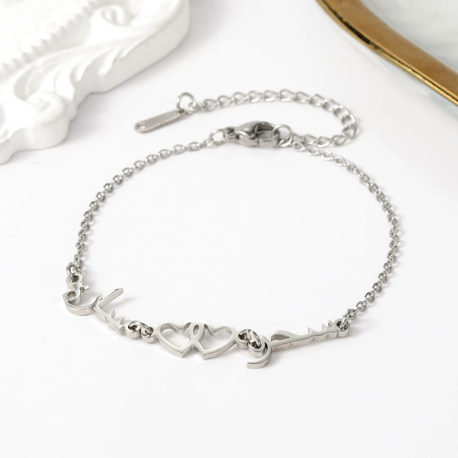 Персонализированный арабский двойное имя Двойное сердце браслет из нержавеющей