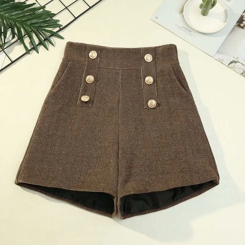 Spring Autumn Shorts Women Loose Tweed Slim Button High Waist Shorts Korean Fashion Casual Ladies All-match Pants ropa mujer