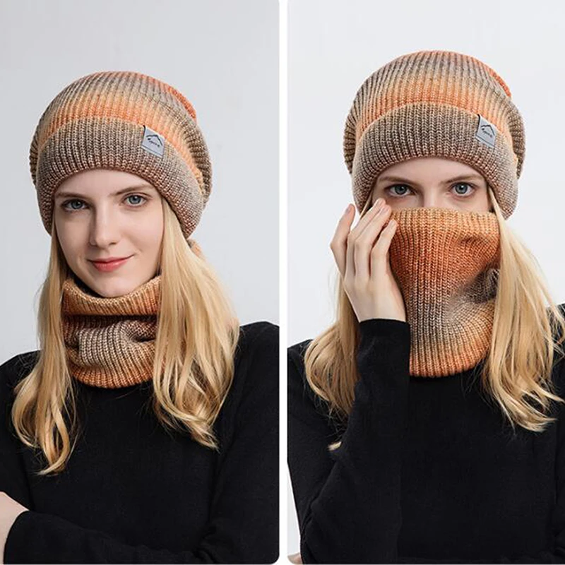 

women's Winter Gradient Color Knitted Hat Cap Two-piece Knitted Hat With Thickened Warm Ear Protection Scarf Cold Proof New