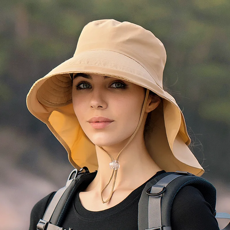 

Women Fashion Ponytail Hat Summer Long Wide Brim Bucket Hat With Neck Flap Female UV Protection Sun Hat Outdoor Beach Cap