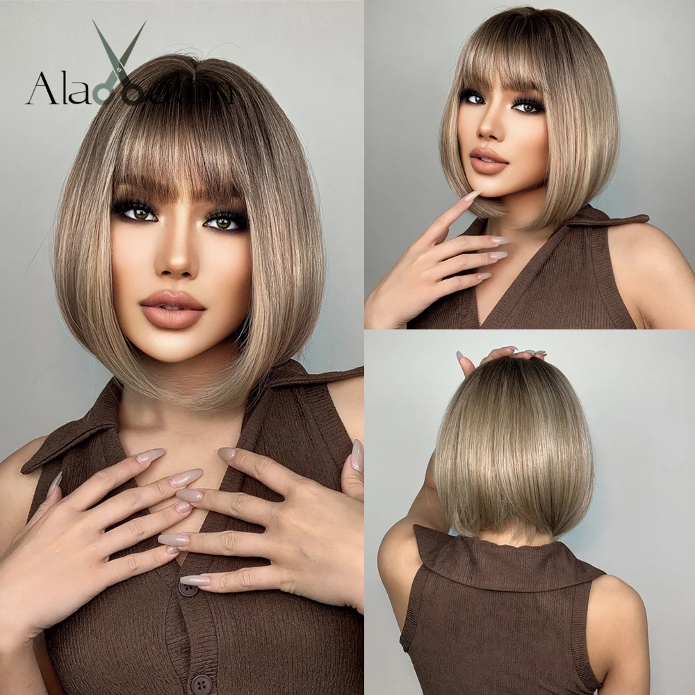 

ALAN EATON Synthetic Wigs for Women Brown Ombre Blonde Short Bob Straight Wigs with Bangs Daily Cosplay Party Use Heat Resistant