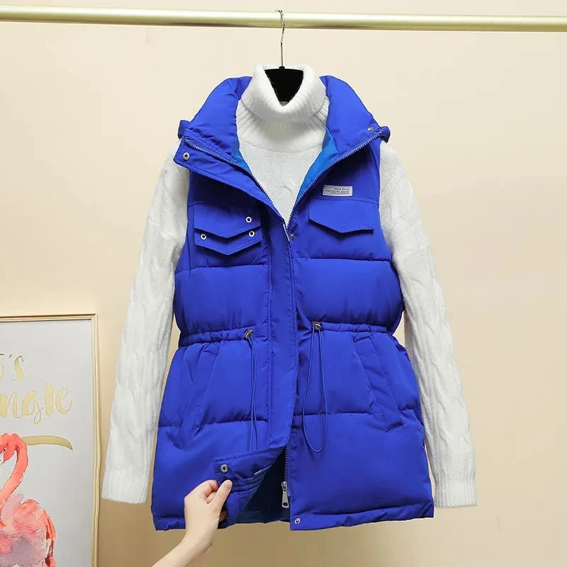 

Mid-length Down cotton Vest Jacket Women's Autumn Winter Thicken Loose Sleeveless Coat Casual Female Hooded Waistcoat Outwear