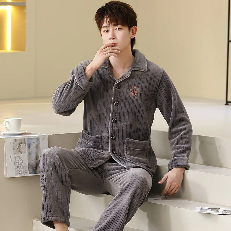 QUHENG 2022 Winter Pajamas for Man Set Flannel Plus Size Pijamas Pocket Buttons 2 Pieces Home Clothes Suits Pyjama Sleepwear