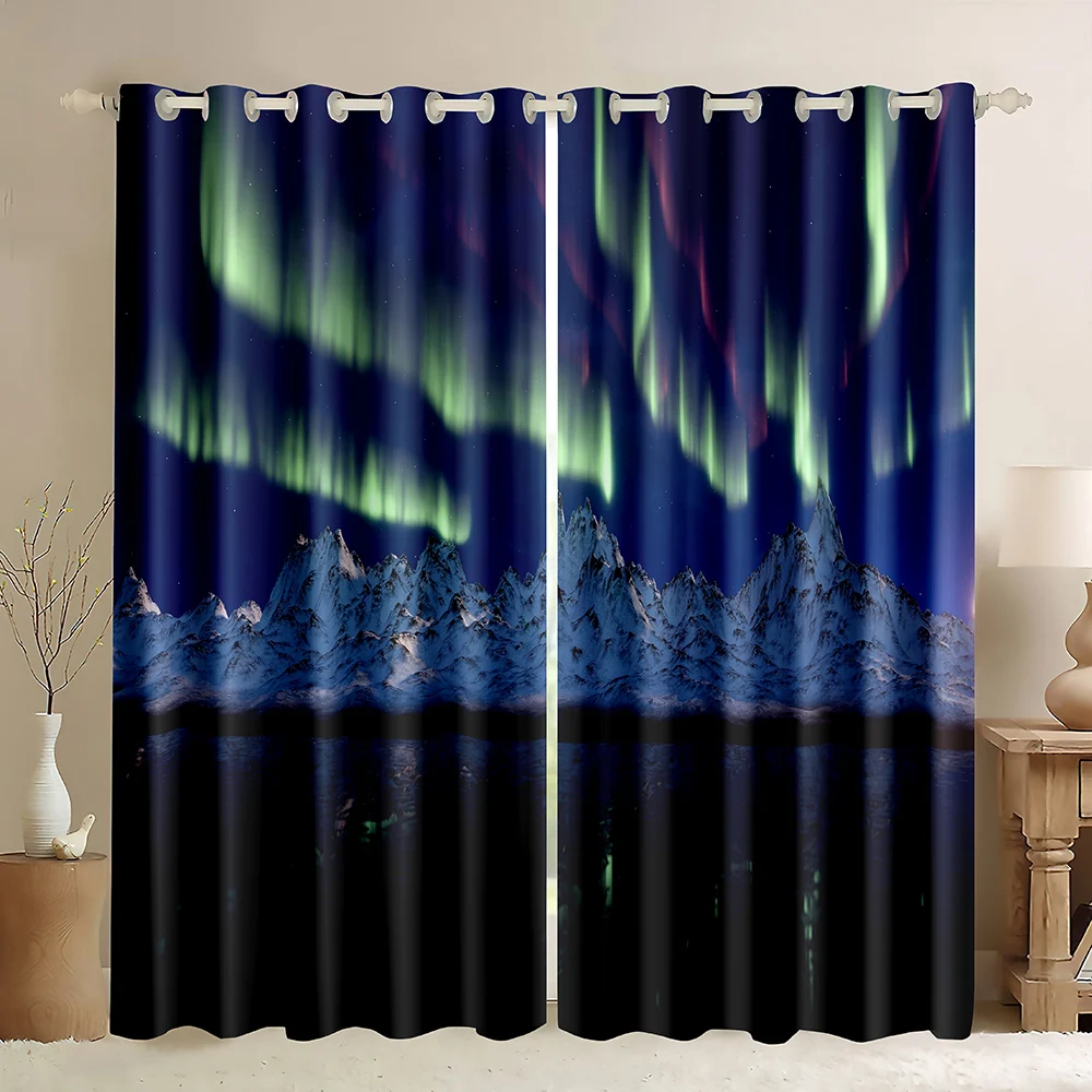 Оконная занавеска Northern Lights фиолетово-зеленая плотная Snow Mountain Reflection Aurora Borealis Forest