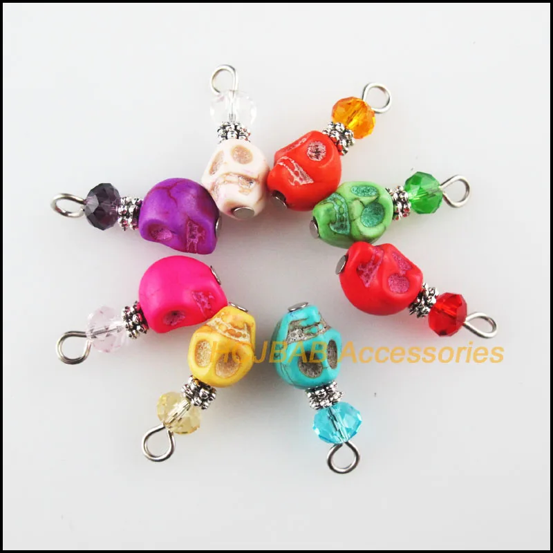 

Fashion New 16Pcs Retro Tibetan Silver Plated Halloween Skull Stone Mixed Beads Charms Pendants 8x22mm